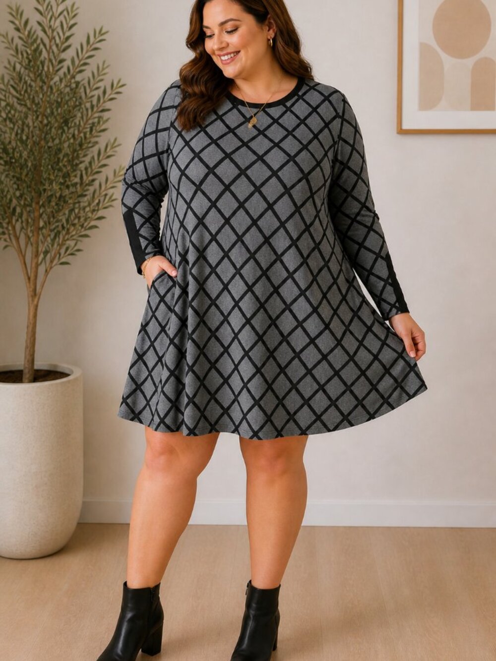 Cato Black Gray Grid Dress 3/4 Sleeve A-Line Knit Stretch Plus 18/20W